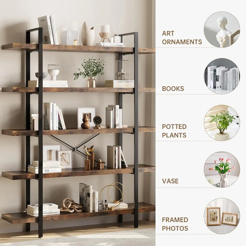 Bookshelf, 5 Tier Book Shelf, Industrial Bookcase For Home And Office, 47"" Length Wide Wood Standing Bookshelf Display Open