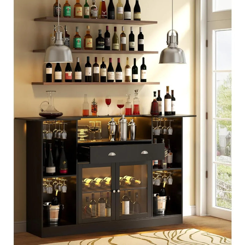 Bar Table Cabinet with Drawer, Mini Liquor Bar with 8-Tier Storage & Stemware Holder, Wine with Glass Door