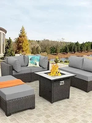 Outdoor Patio Furniture Set 7 Pieces Sectional Sofa with Fire Pit Table, Non-Slip 5" Thick Grey Cushion and Furniture Cover