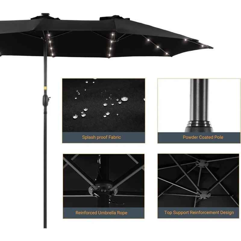 Patio Umbrella 15x9FT LED Double-sided with UPF50+ and Wind-Resistant Design, (No Base), Effortless Operation Outdoor Umbrella