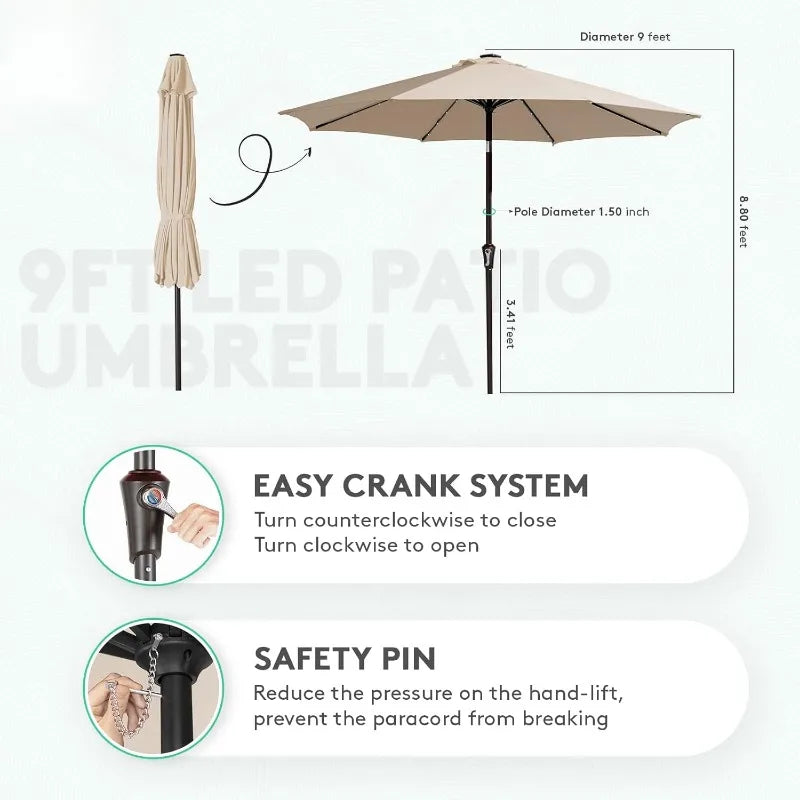 LED Lighted Patio Umbrella, Solar Outdoor Umbrella, Tilt Table Umbrella for Pool, Deck & Yard (Beige)