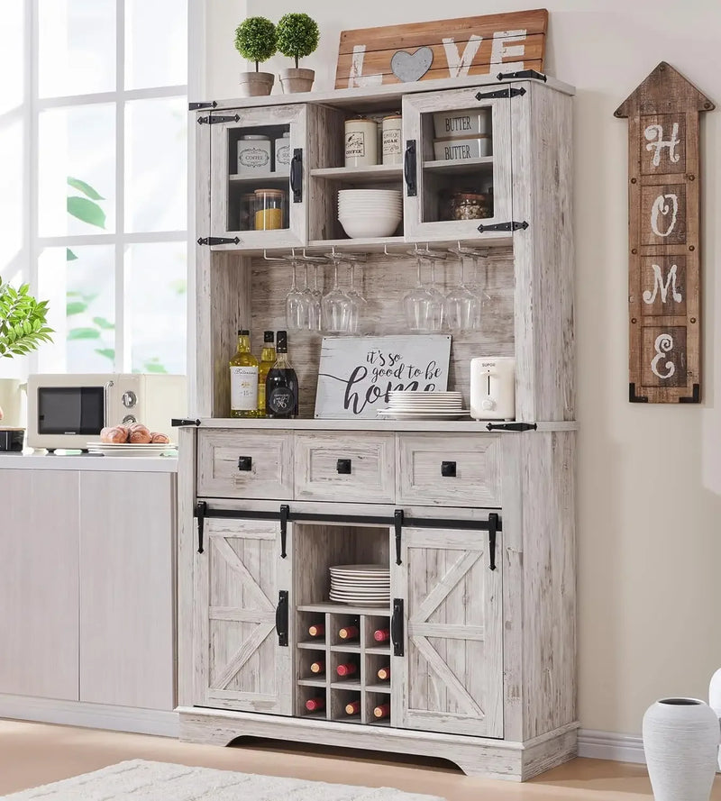 72" Farmhosue Bar Cabinet with Sliding Barn Door, Large Kitchen Buffet with Hutch w/Wine & Glasses Rack, 3 Drawers, 12 Stora