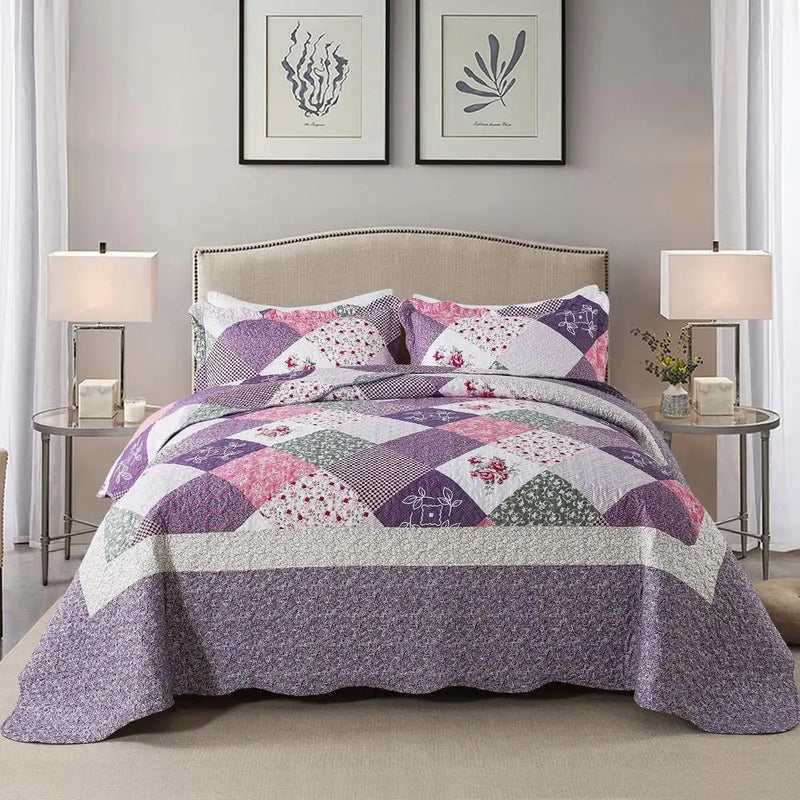 King Size 3 Piece Microfiber Quilt Set Reversible Floral Bedspread Patchwork Coverlet All Season Lightweight Bedding Pets and