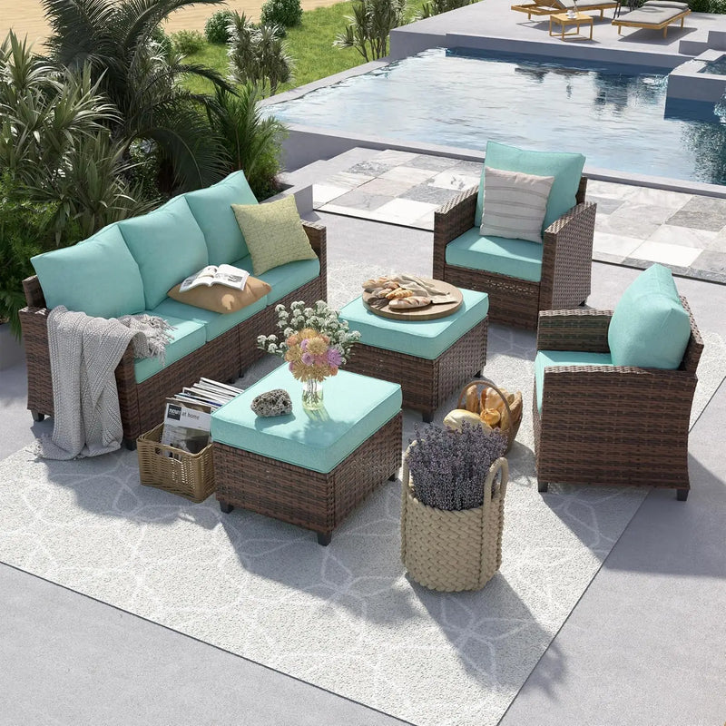 Outdoor Patio Furniture Set with 44" Fire Pit Table for Garden Backyard Deck, 6 Pieces Sectional Conversation Sets