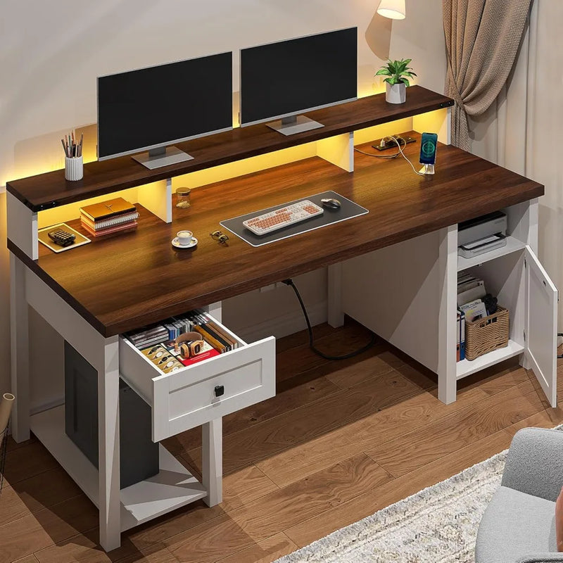 55" Office Desk with Drawers,Farmhouse Desk with Power Outlets Reversible Computer Desk Long Monitor Stand Large Home Office