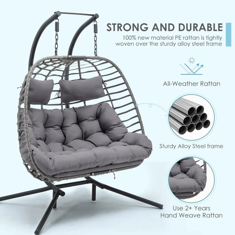 Double Egg Chair Swing with Stand, Oversized Hand-Woven Wicker Rattan 2-Person Egg Chairs for Outdoor Indoor, Hanging Egg Chair