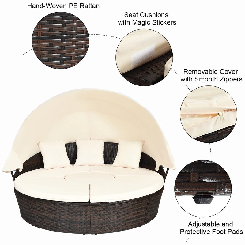 Patio Rattan Daybed Cushioned Sofa Adjustable Table Top Canopy 3 Pillows