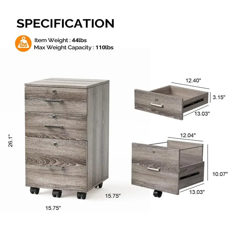 Office Mobile File Cabinet 3-Drawer Lockable Rolling Storage Cabinet Letter-Sized Folders with Handles & Wheels Gray Oak