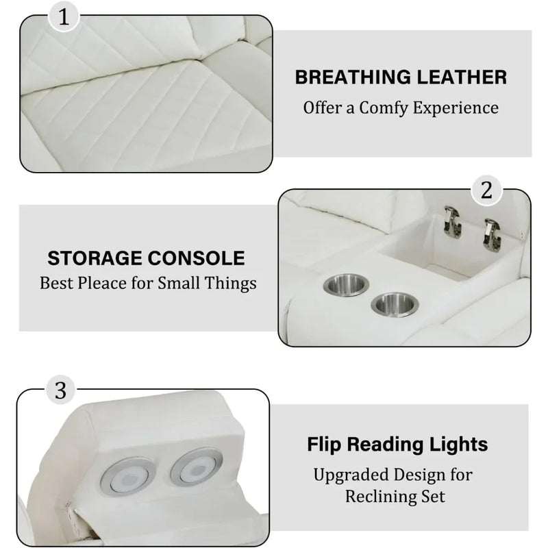 Sofa Living Room, Power Reclining Sectional Sofa USB Chargers And Storage Console, Leather Recliner Sofa For Living Room Set