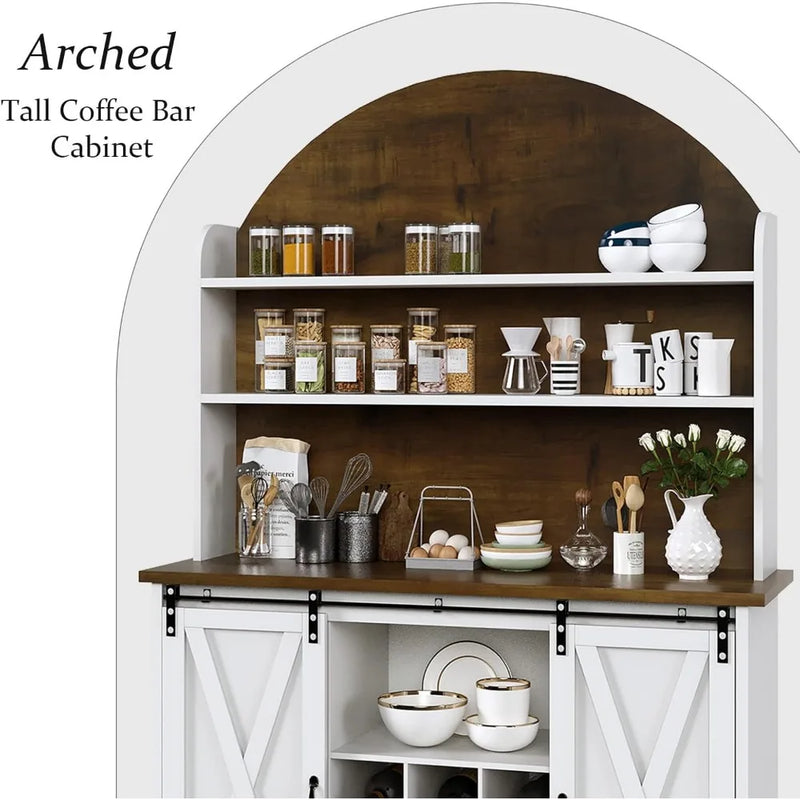 Arched Pantry Cabinet with Open Shelf, Tall Kitchen Pantry Storage Cabinet with Sliding Barn Doors, Farmhouse Kitchen Hutch Cab