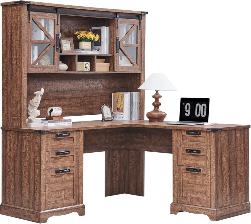 RedLemon 60" Farmhouse L Shaped Desk with Hutch Wood Home Office Executive Desk with Drawer Charging Station File Drawer