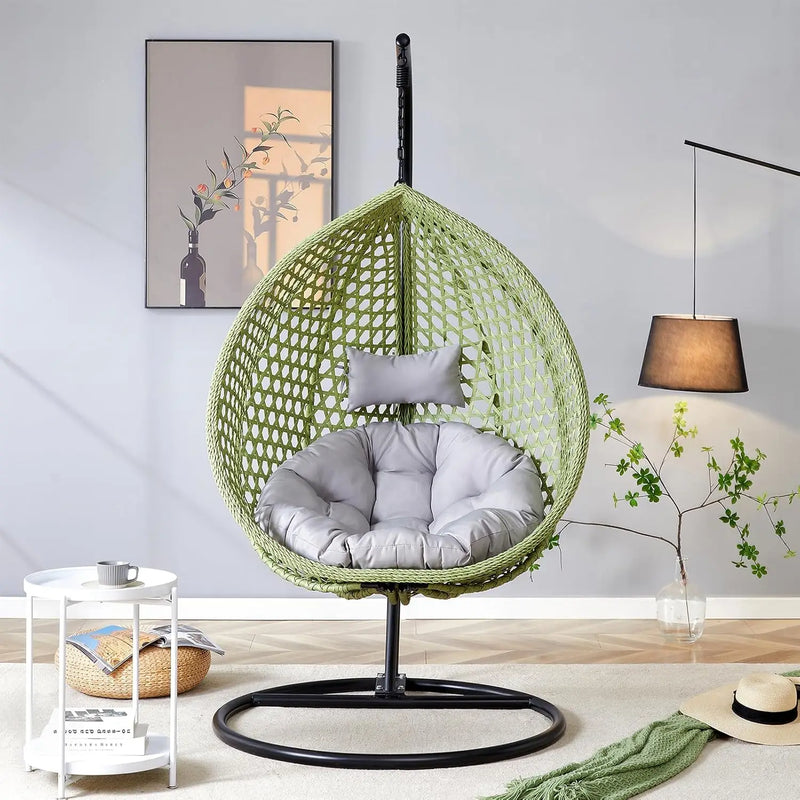 Hanging Egg Chair Outdoor,Rattan Swing with Foldable Basket,Hammock with Metal Stand,Lounge for Garden Backyar