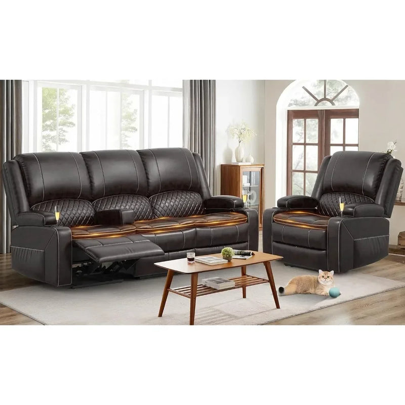 3 Seater Recliner Sofa Set with 2-Tier Cushion, 3+1 Pieces in Living Room, 3 Seater Reclining Couch Leather