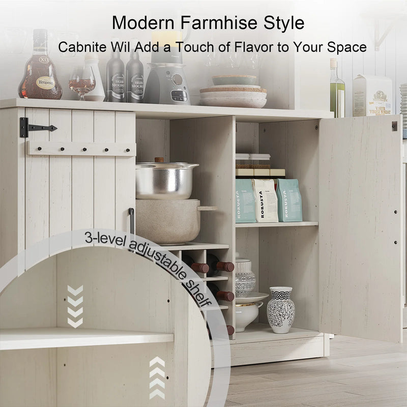 71" Farmhouse Kitchen Cabinet Pantry Bar Cabinet with Storage & Adjustable Shelves,Wine Cabinet with 12 Wine Racks
