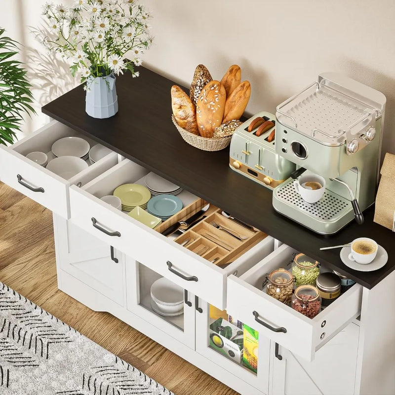 Sideboard Buffet Cabinet with Storage, 55" Kitchen Coffee Bar Cabinet with 3 Drawers & Glass Doors, Farmhouse Sideboard