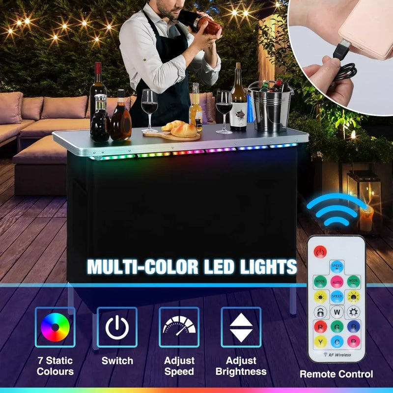 Portable Bar Table with Multi-Color LED Lights, Pop Up Folding Mobile Bar Bartender Table Podium Table for Events