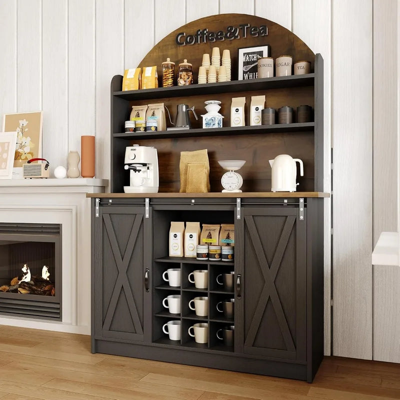 Farmhosue Coffee Bar Cabinet with Open Shelf, 67" Black Coffee Bar with Hutch & Wine Rack, Arched Cabinet with Storage