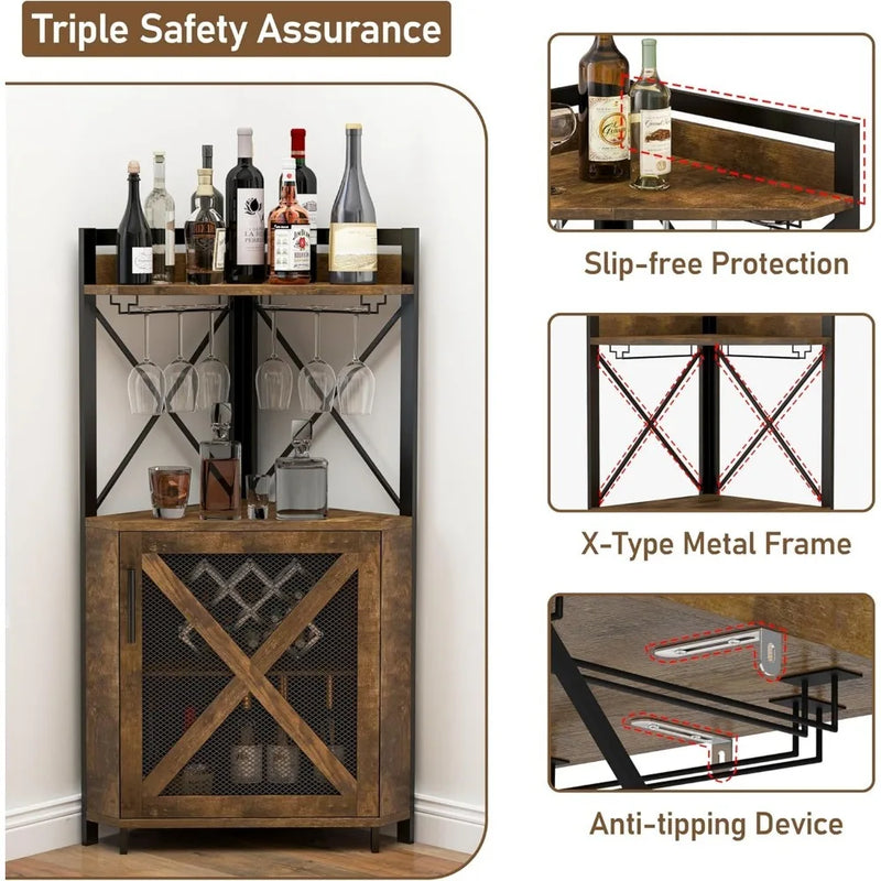 Farmhouse Corner Wine Cabinet with Storage, Wine Bar Cabinet with Glass Holder, Liquor Cabinet with Metal Mesh Doors & Adjustable Shelf