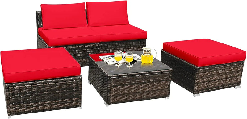5-piece chaise longue set with ottoman and coffee table, outdoor rattan wicker chaise longue, sofa bed, sofa set with cushions