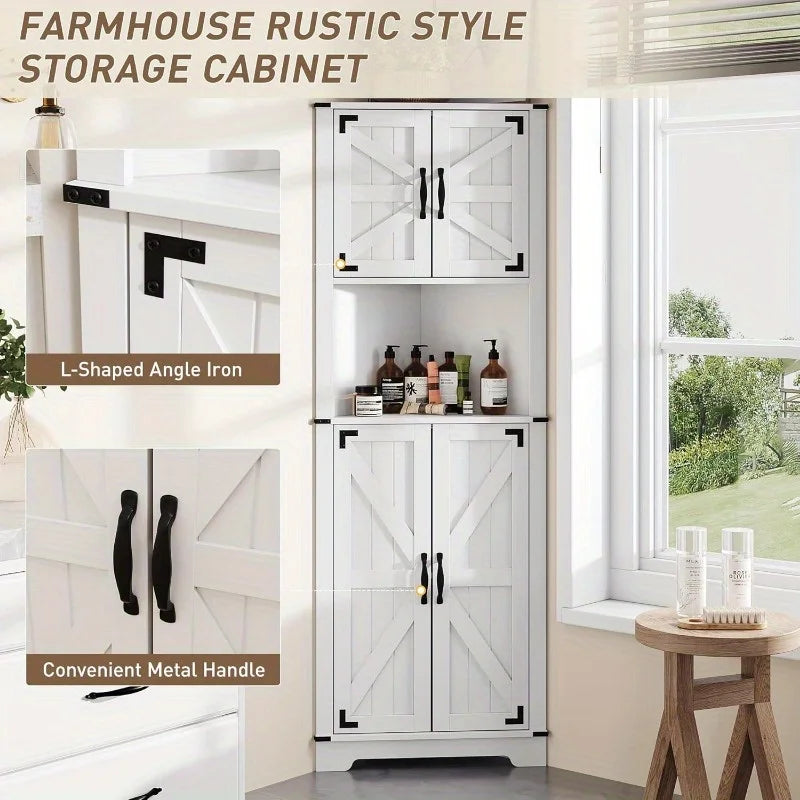 Maupvit 68" Tall Corner Cabinet with 4 Barn Doors and Adjustable Shelves Farmhouse Bathroom Cabinet with Storage Home Sp