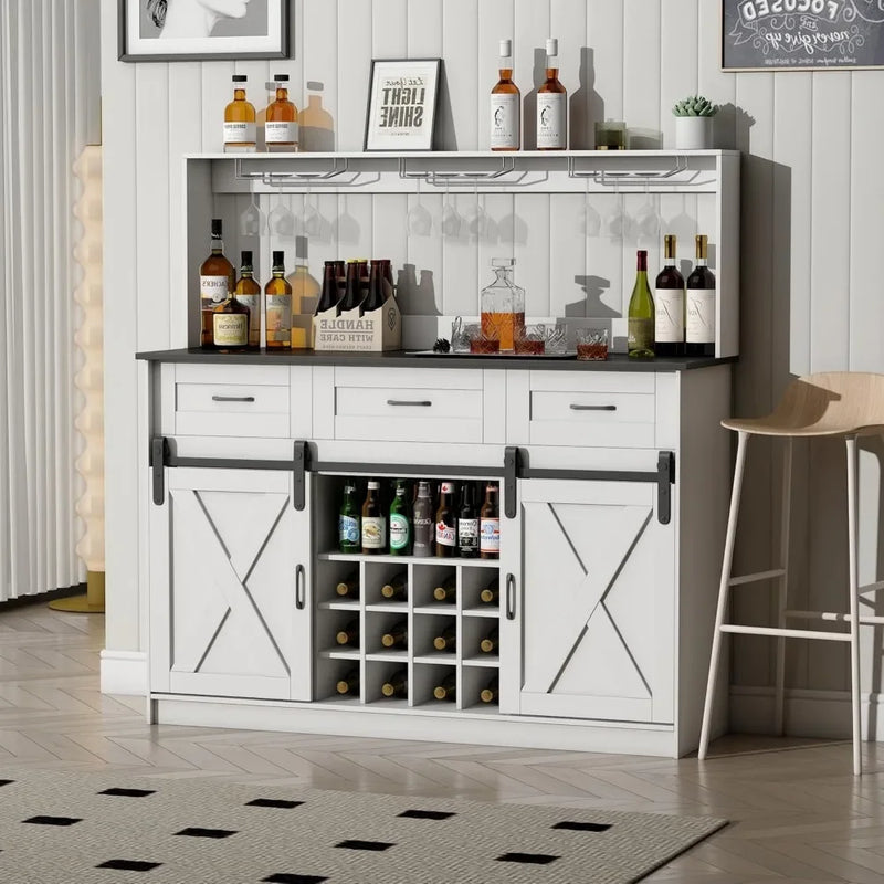 52" Farmhouse Coffee Bar Cabinet with Storage, Wine Bar Cabinet with 9 Glass Holders and 12 Grid Wine Racks, Wood Buffet Cabinet