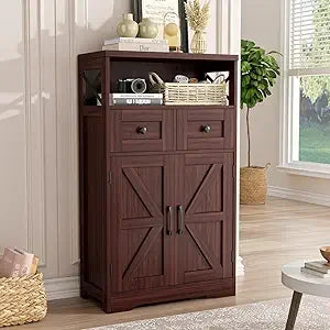 71"H Farmhouse Tall Storage Cabinet, Kitchen Pantry Cabinet with Barn Doors and Adjustable Shelves, Floor Standing Bookshelf 5 T