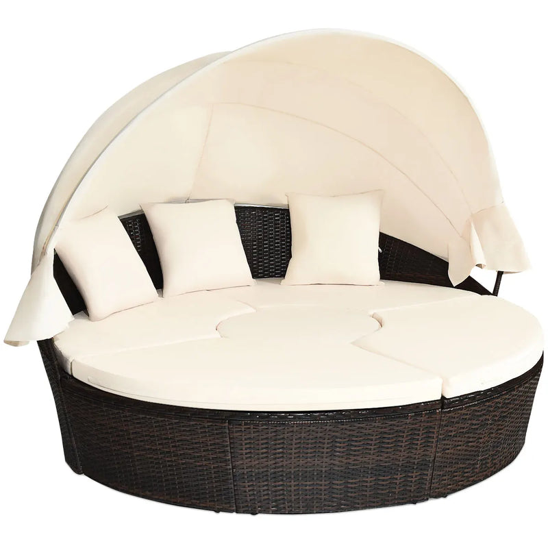 Patio Rattan Daybed Cushioned Sofa Adjustable Table Top Canopy 3 Pillows