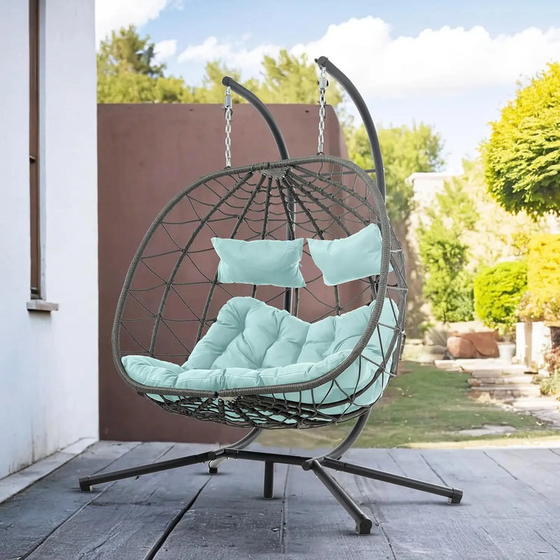 2 Person Double Egg Swing Chair with Stand Indoor Outdoor, Hammock Swing Chair Foldable Hanging Chair, Patio Wicker