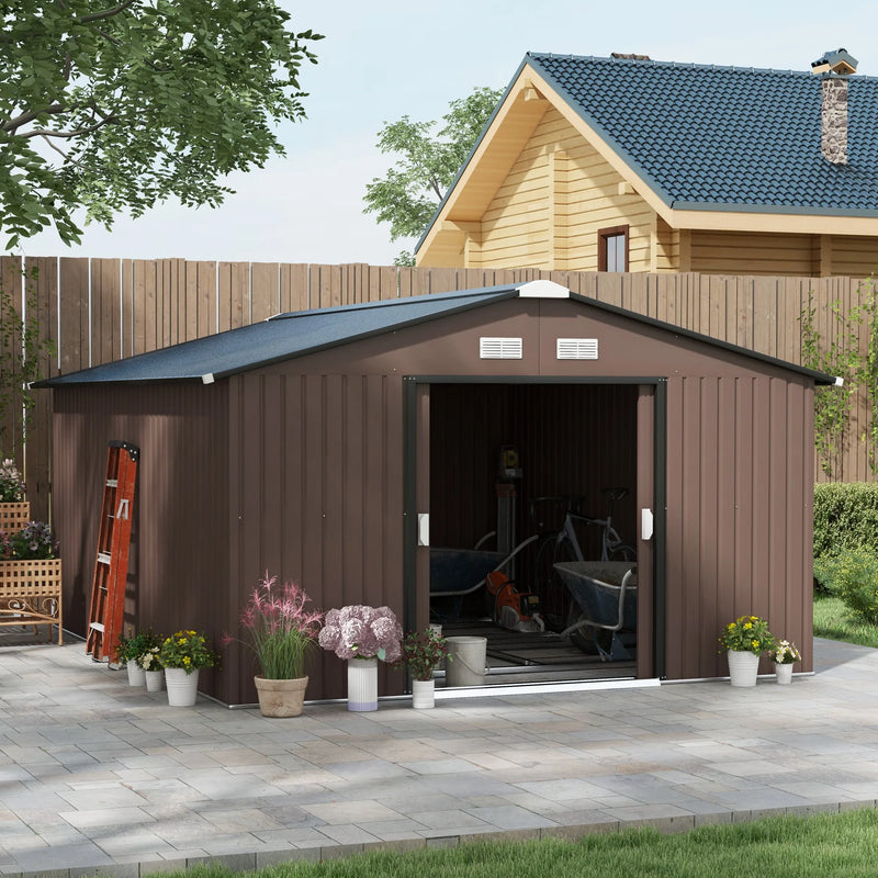 13' X 11' Steel Outdoor Utility Storage Tool Shed for Backyard Garden, Brown