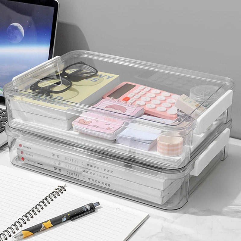 Desktop File Storage Box A4 Document Organizer Case With Lid Stackable Stationery Storage Box Cabinet Desk Clear Container