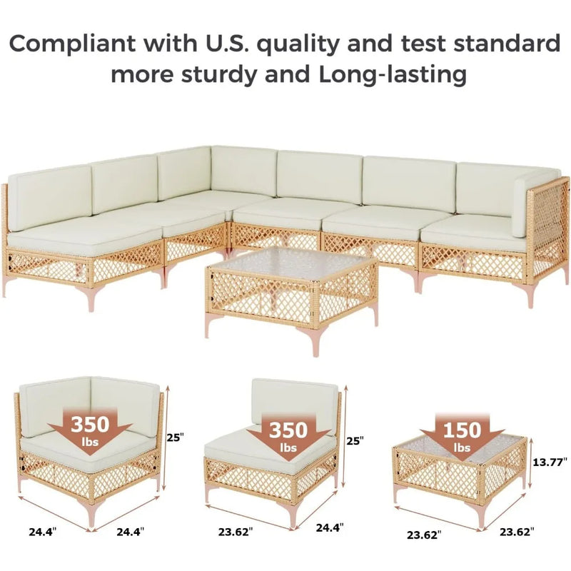 7 Piece Outdoor Patio Furniture Set, Boho Outdoor Patio Sectional Set, with Coffee Glass Table Backyard Garden Furniture Sets