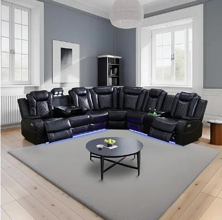 Air Leather Power Recliner Sectional with LED Lights,Reader Lights, Storage Consoles,Cup Holders USB Charging Port Sectional Set