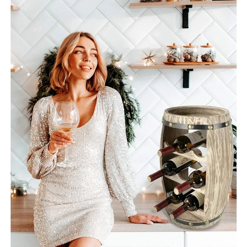 Modern Alexander Wine Rack - Freestanding Wooden Barrel Wine Holder for 8 Wine Bottles, Bottle Rack Floor Stand