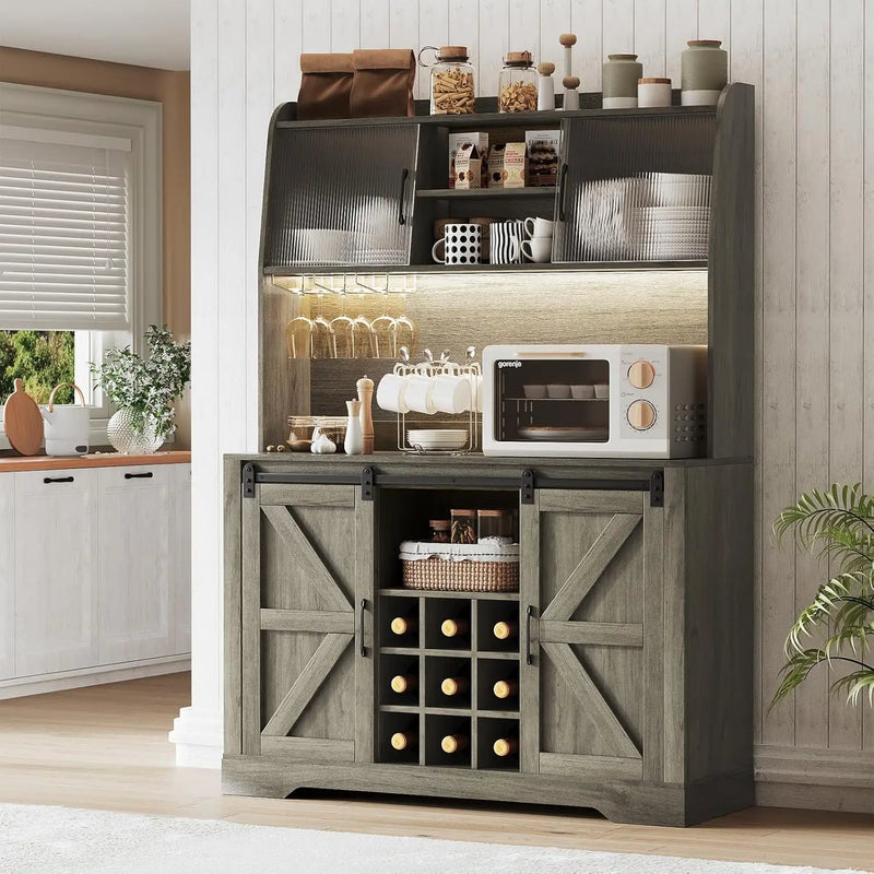 Coffee Bar Cabinet with Charging Station & LED Light, Farmhouse Kitchen Hutch with Sliding Acrylic Doors, Tall Bar Cabinet with