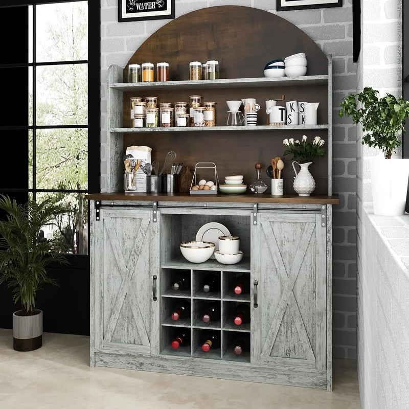 Farmhosue Coffee Bar Cabinet with Open Shelf, 67" Black Coffee Bar with Hutch & Wine Rack, Arched Cabinet with Storage