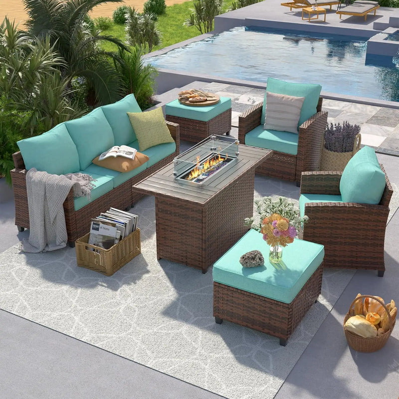 Outdoor Patio Furniture Set with 44" Fire Pit Table for Garden Backyard Deck, 6 Pieces Sectional Conversation Sets