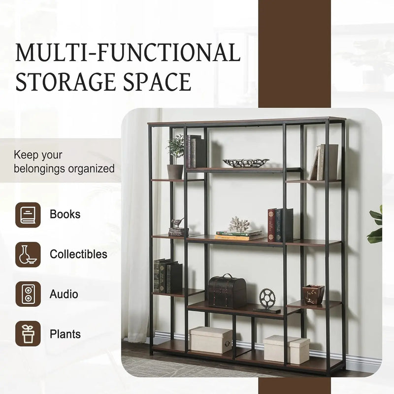 5 Tier Bookshelf, Industrial Tall Bookcase, Rustic Freestanding Storage Shelf For Living Room, Bedroom And Home Office, Metal