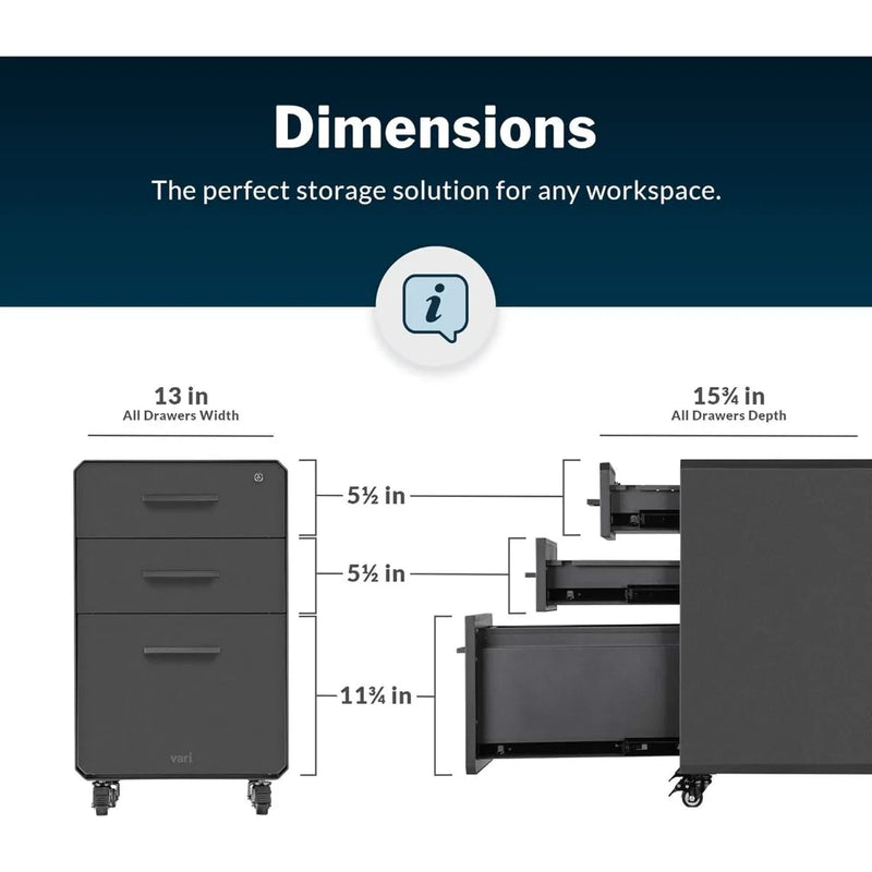 Three Drawer File Cabinet - Mobile Filing Cabinet for Home or Office - Hanging File Storage - Lockable Drawers with Heavy-Duty