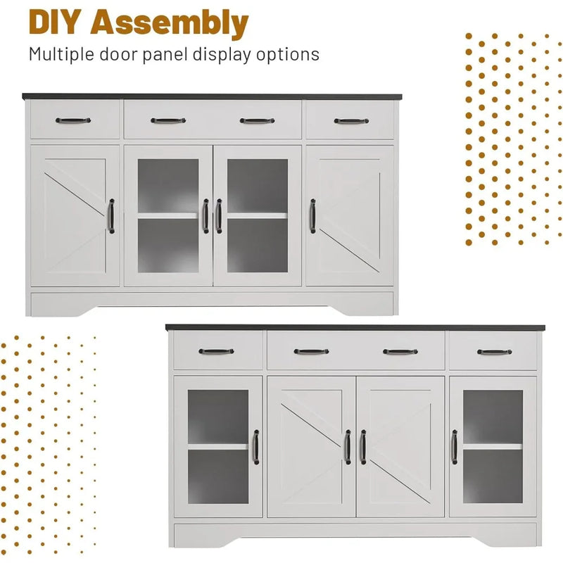 Sideboard Buffet Cabinet with Storage, 55" Kitchen Coffee Bar Cabinet with 3 Drawers & Glass Doors, Farmhouse Sideboard