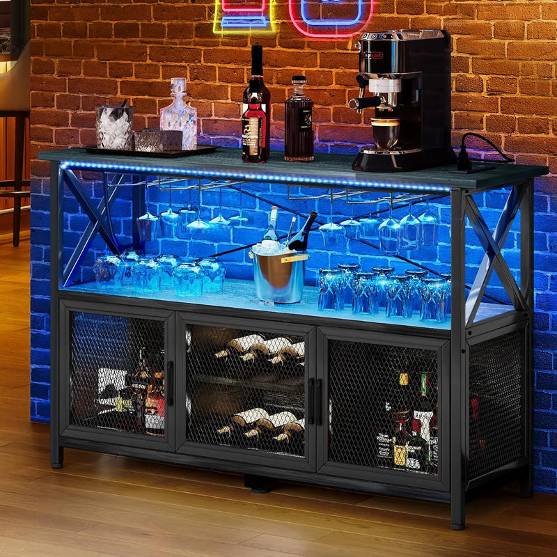 Bar Cabinet with LED Lights, Wine Cabinet with Power Outlet, Bar Table Stand with Wine Rack, Storage Cabinets, Adjustable Shelf