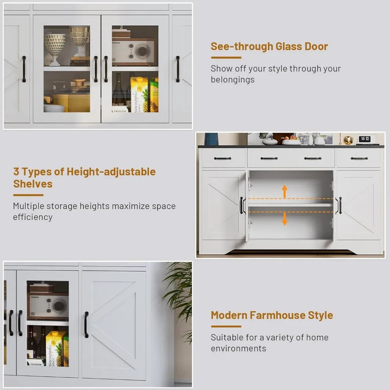 Sideboard Buffet Cabinet with Storage, 55" Kitchen Coffee Bar Cabinet with 3 Drawers & Glass Doors, Farmhouse Sideboard