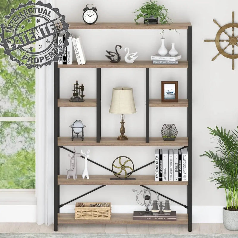 Lvb Tall Industrial Etagere Bookcase, Modern Wood Large Open 6 Tier Bookshelf, Vintage Wide Metal Book Shelf Organizer,