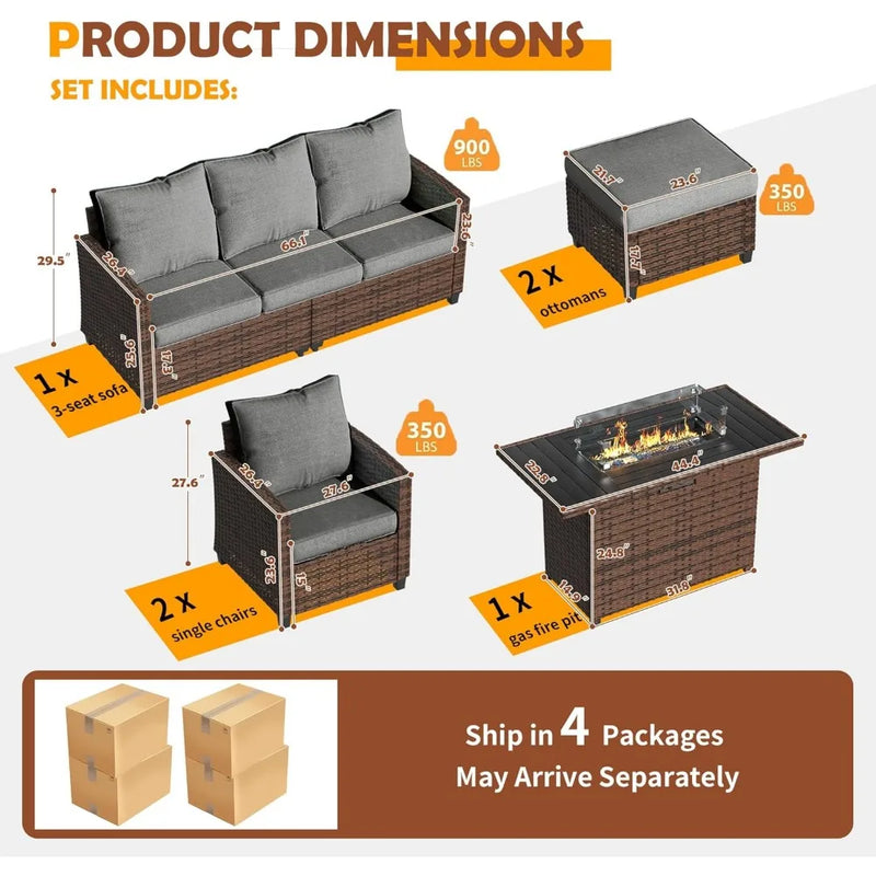 Outdoor Patio Furniture Set with 44" Fire Pit Table for Garden Backyard Deck, 6 Pieces Sectional Conversation Sets