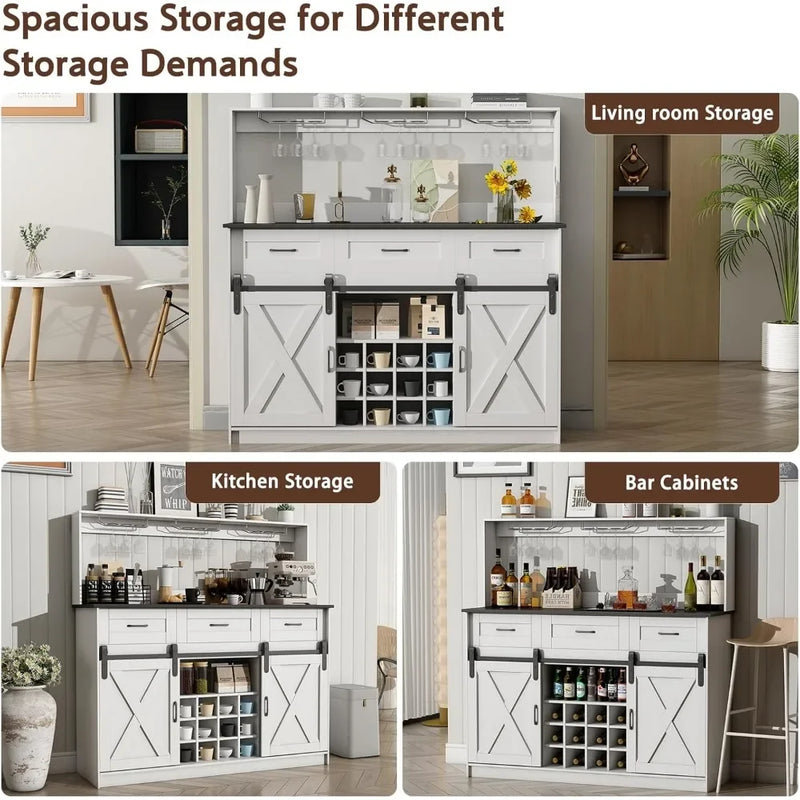 52" Farmhouse Coffee Bar Cabinet with Storage, Wine Bar Cabinet with 9 Glass Holders and 12 Grid Wine Racks, Wood Buffet Cabinet