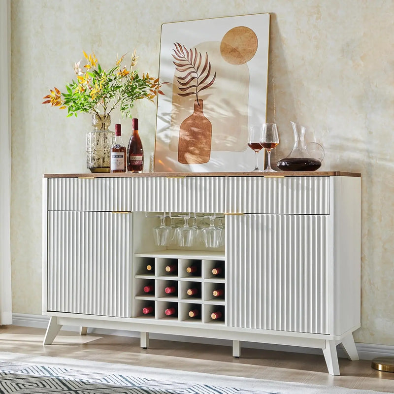 Fluted Wine Bar Cabinet for Liquor, 60" Modern Coffee Bar Cabinet w/Wine & Glass Rack, Large Buffet Sideboard w/ 3 Storage D