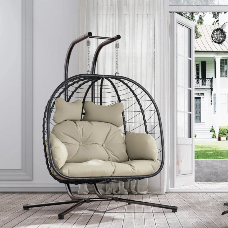 Double Wicker Swing Egg Chair Hammock Foldable Hanging Loveseat with Stand, UV Resistant Removable Cushions, 700LBS Capacity