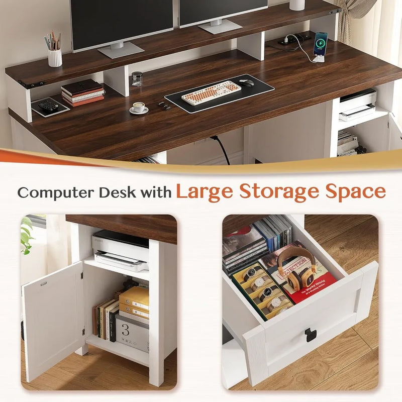 55" Office Desk with Drawers,Farmhouse Desk with Power Outlets Reversible Computer Desk Long Monitor Stand Large Home Office