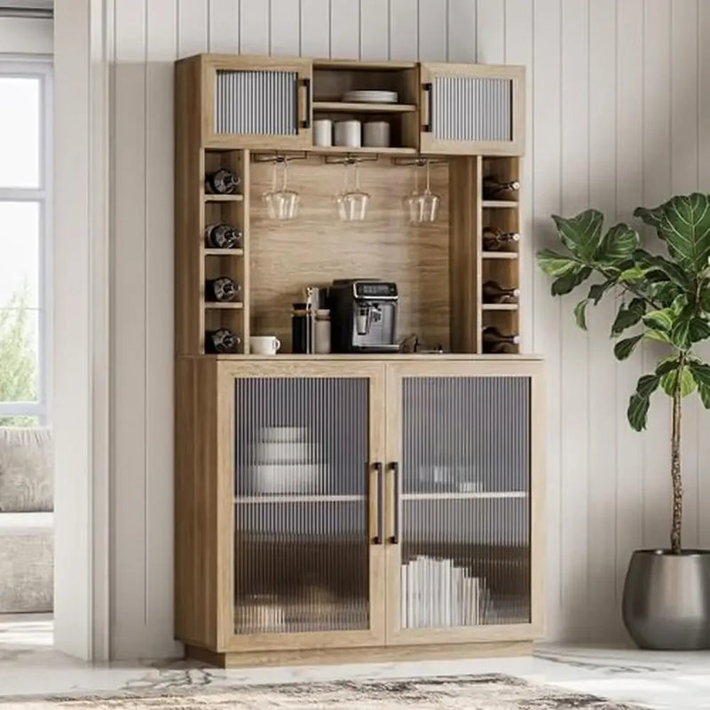 Rustic Kitchen Bar Cabinet Tall Liquor Storage Hutch Buffet Sideboard Wine Organizer 72" Power Outlet Wood Pantry Shelf