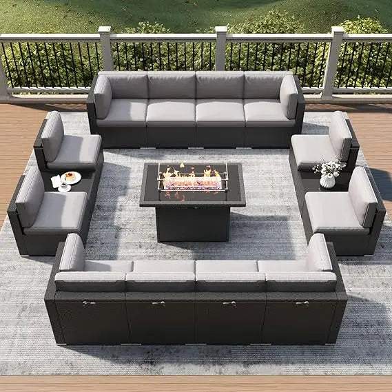 15 Piece Patio Furniture Set with Fire Pit Table, Outdoor Conversation Sets Wicker Rattan Sectional Sofa with Coffee Table