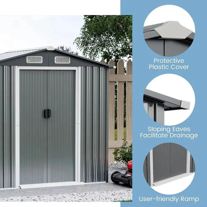 Outdoor Storage Shed, Weather-Resistant Galvanized Metal Tool House w/ 4 Air Vents, Lockable Sliding Doors, Ramp,